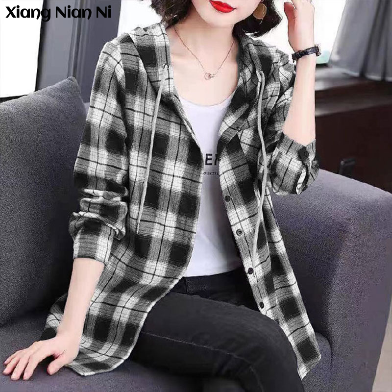 Xiang Nian Ni Mid-length Hooded Cardigan Jacket Women Thin Plaid Long Sleeve Top Korean Large Size Loose Shirt Women