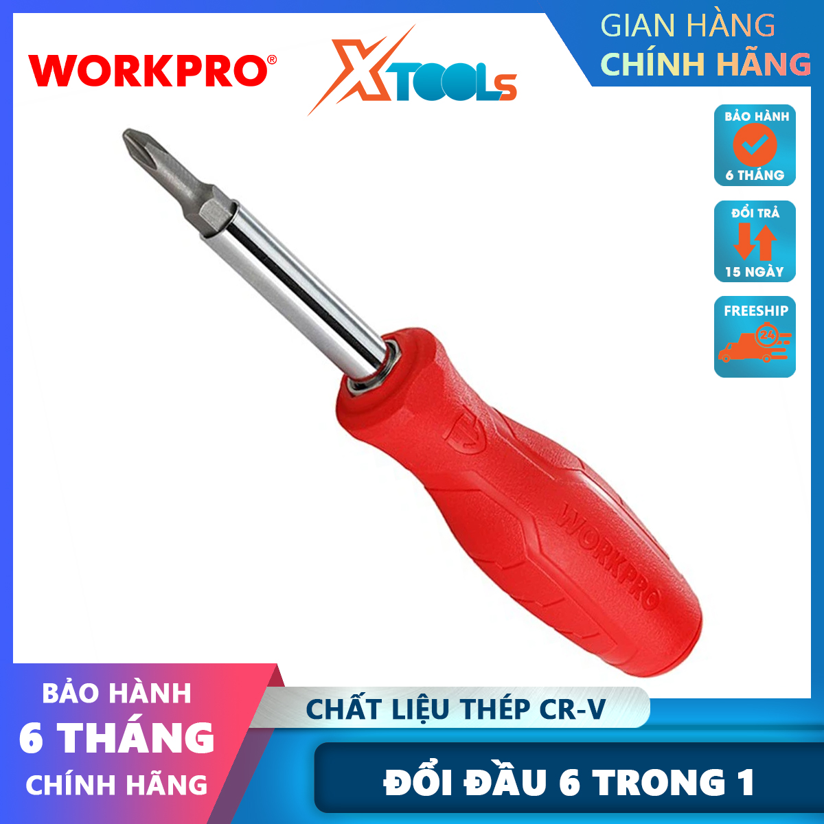 Bộ tua vít đổi đầu 6 trong 1, thép hợp kim cr-v workpro wp221066