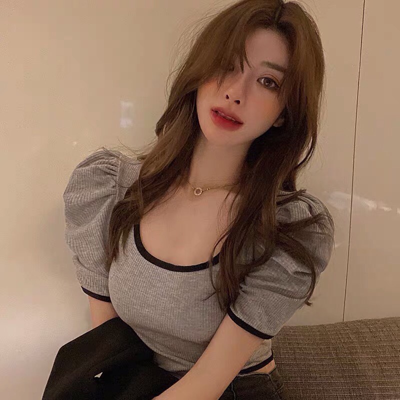 ÁO THUN GÂN TAY PHỒNG CỔ VUÔNG CROPTOP