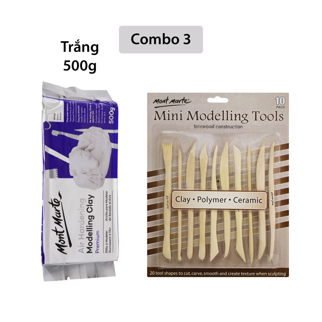 [Giao Hỏa Tốc] Combo Đất Sét Tự Khô 500g Mont Marte và dụng cụ (Air Hardening Modelling Clay)