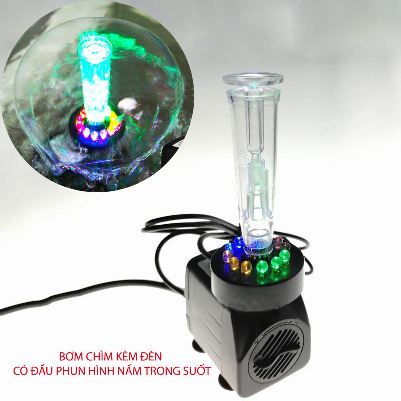 Máy bơm chìm 15W kèm đèn led nhiều màu có đầu phun hình nấm trong suốt, cho đài phun nước mini, bể cảnh, tiểu cảnh AT380ST