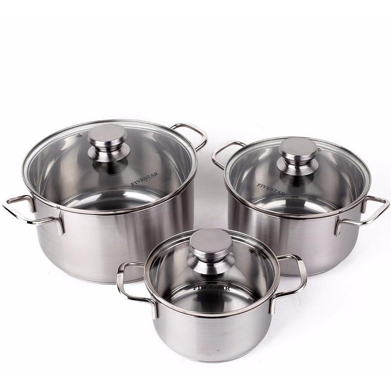 Bộ nồi inox 430 bếp từ 3 đáy Fivestars 3 món nắp kính