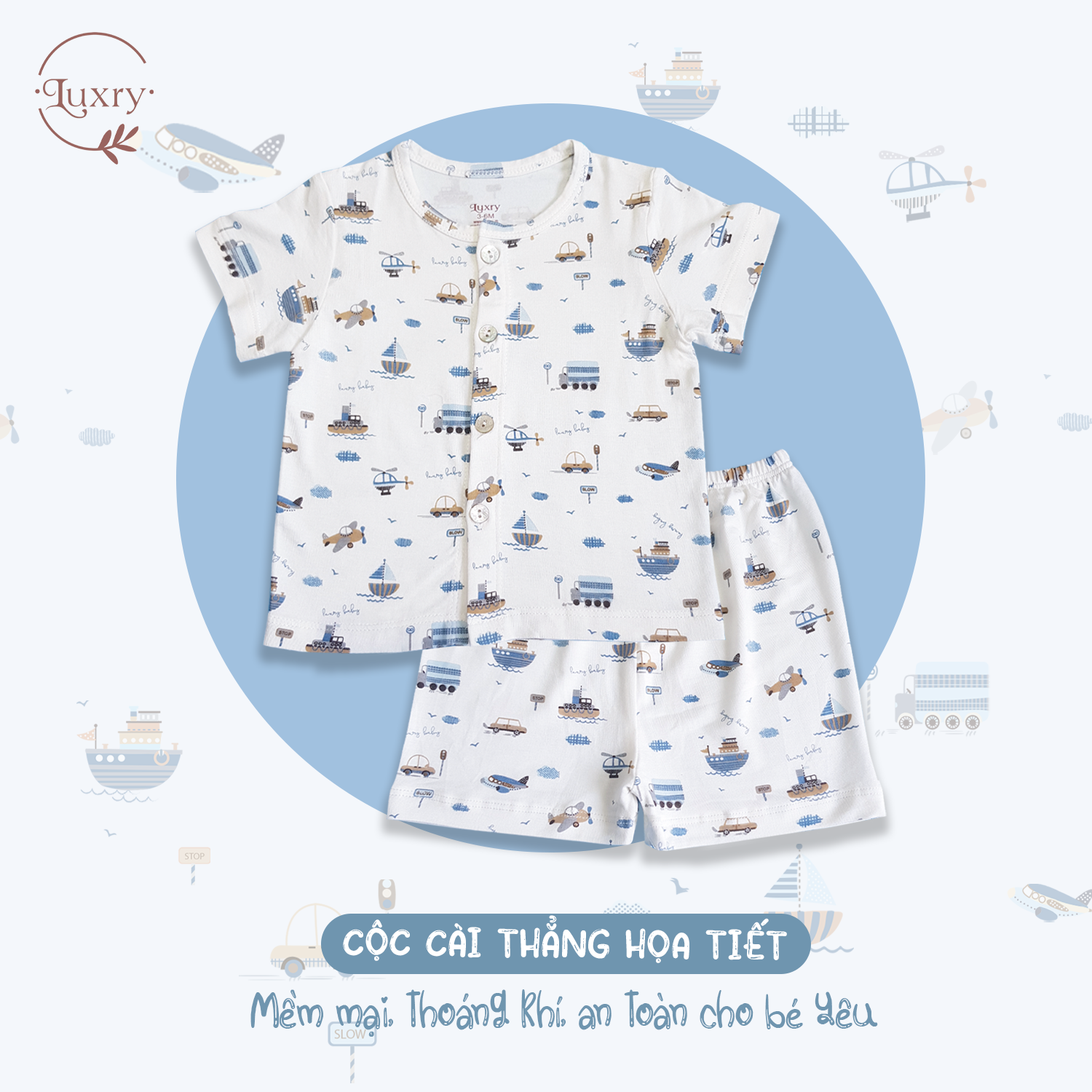 Bộ quần áo cộc tay cài thẳng họa tiết Luxry đáng yêu từ vải sợi tre cho bé sơ sinh đến 4 tuổi