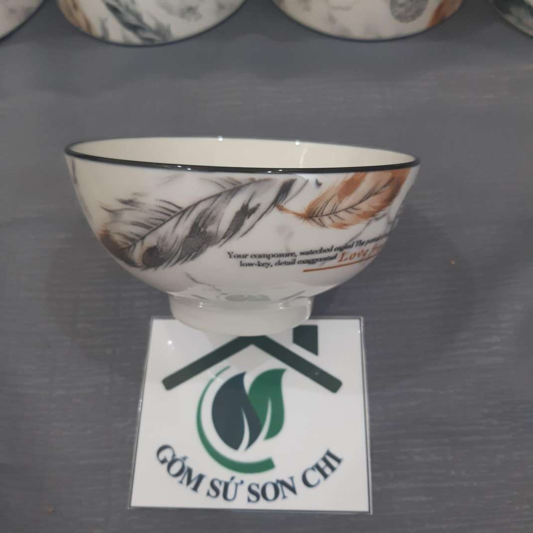 Bộ 3 chén gốm sứ ăn cơm hoa văn lông vũ