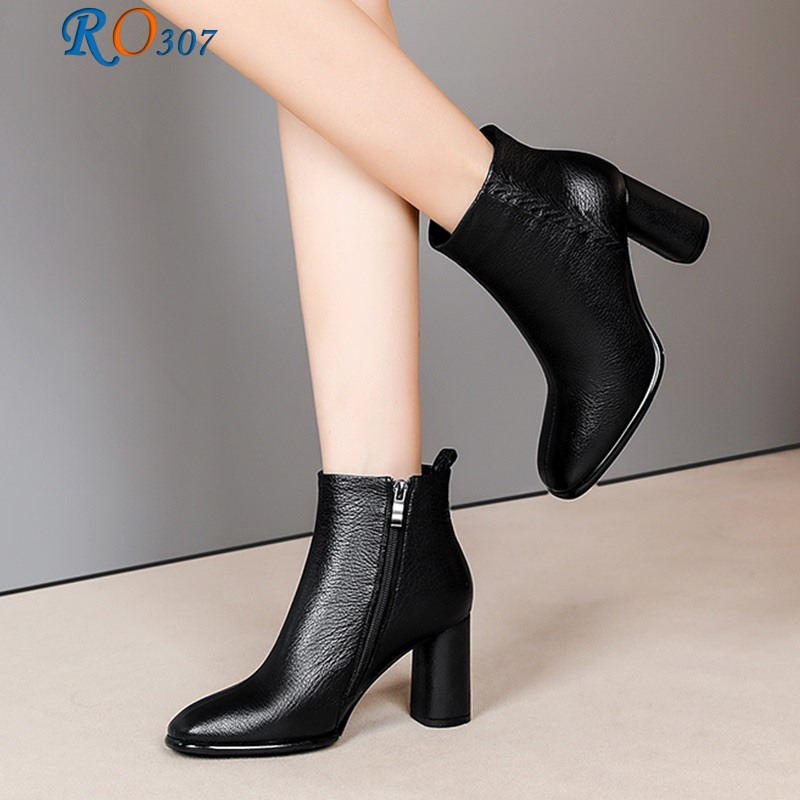 Giày bốt nữ thời trang cao cấp đen & da bò RO307