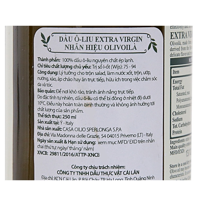 DẦU Ô-LIU EXTRA VIRGIN  OLIVOILÀ 250ml