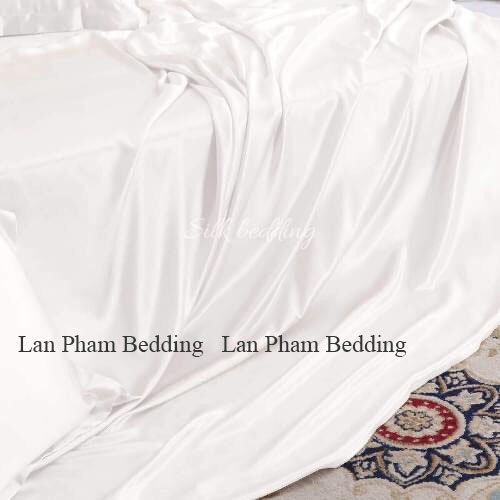 ( Lụa Loại 1) Ga Giường Phi Lụa Màu Trắng Cao Cấp Mềm Mại Lan Pham Bedding