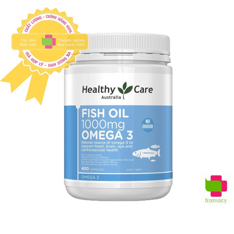 Dầu cá Healthy Care Fish Oil Omega 3 1000mg, Úc (400 viên) bổ sung DHA cho người từ 6 tuổi trở lên