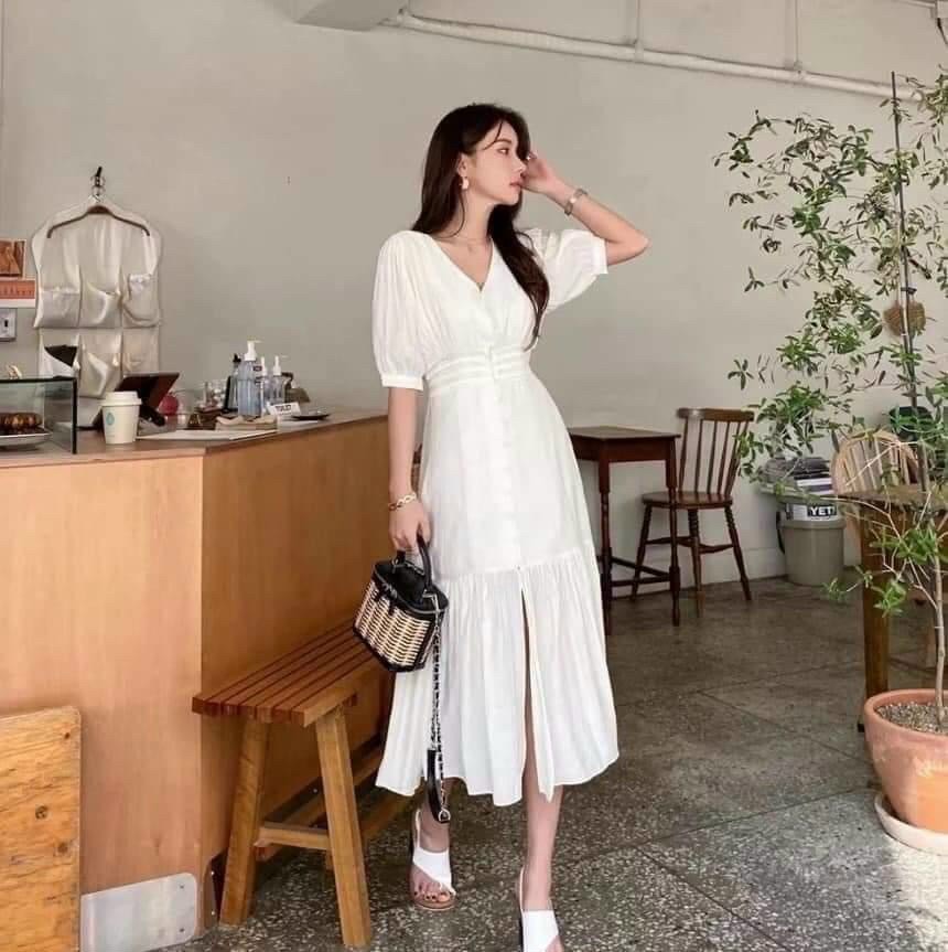 Đầm váy trắng cổ V đuôi cá