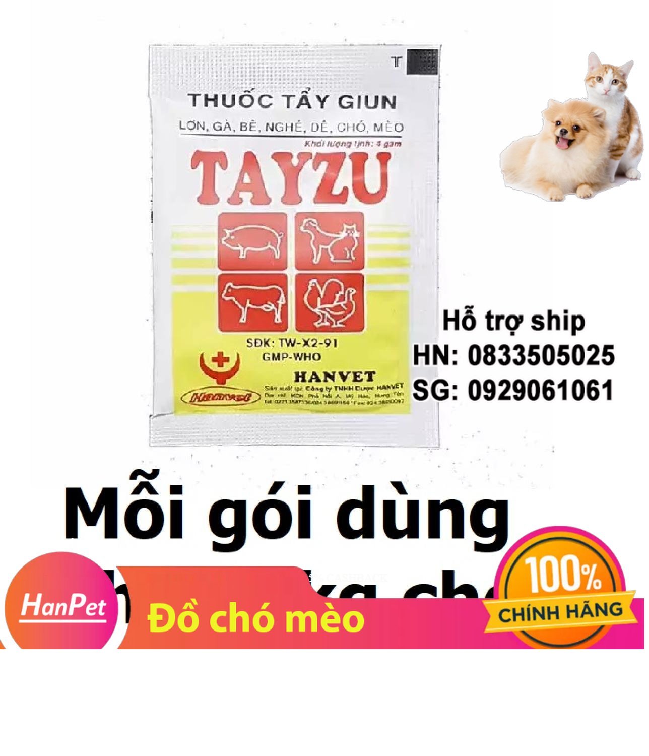 Hanpet - Tẩy giun sán chó mèo 1 gói 4gr