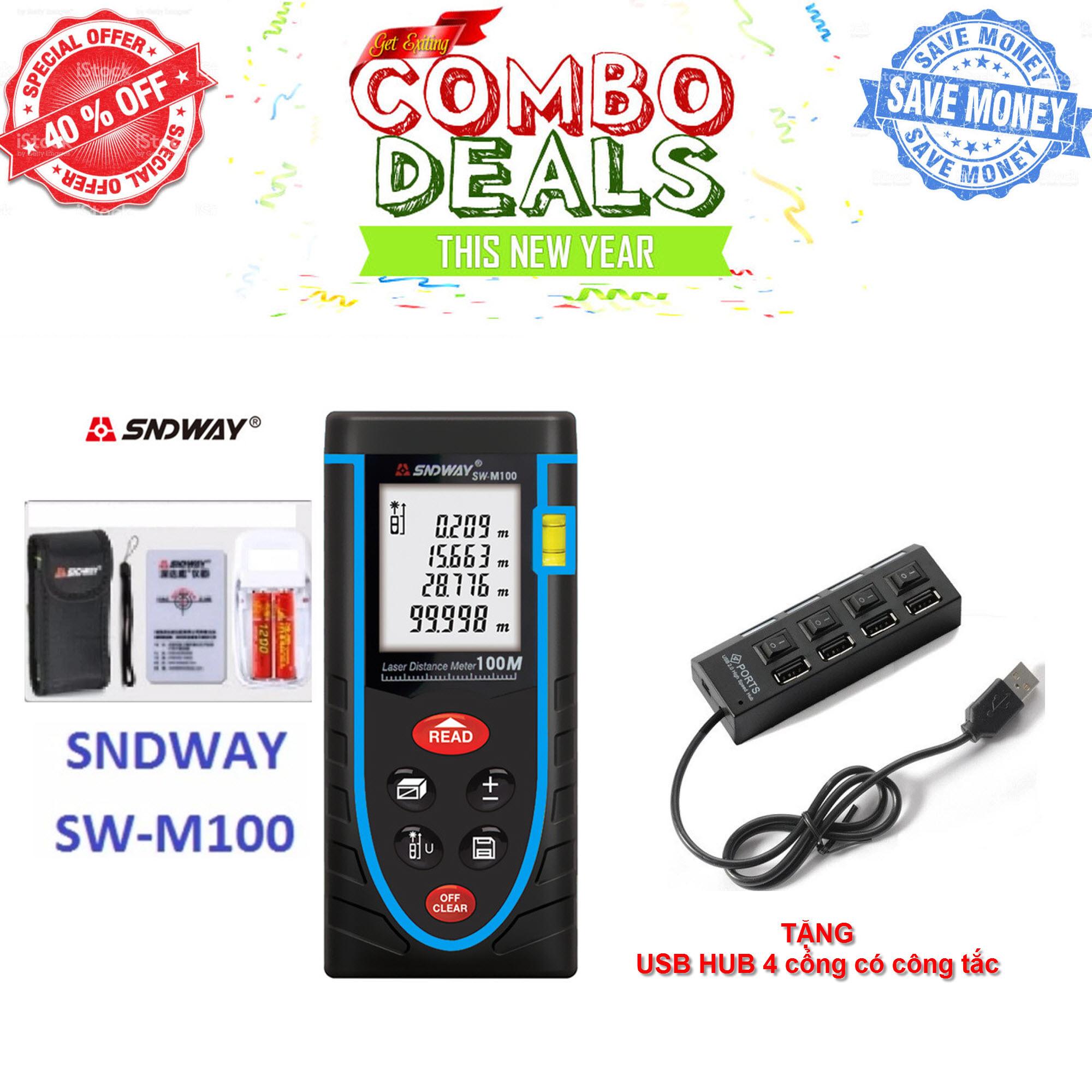 Thước đo khoảng cách bằng tia laser SNDWAY phạm vi 100m (SW-M100) + TẶNG USB HUB 4 cổng có công tắc