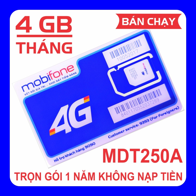 Sim 4G MobiFone trọn gói 1 năm MDT250A (4 GB/tháng x 12 tháng), 12FD50 (120 GB/tháng x 12 tháng), CS6N (180 GB/tháng x 12 tháng), CS3N (180 GB/tháng x 3 tháng), 3C90N (120 GB/tháng, 1000 phút gọi nội mạng, 50 phút liên mạng), MAXDATA 12 tháng DTHN