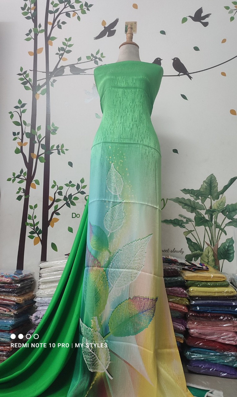 Vải áo dài cao cấp in KTS 3D lá đa sắc độc đáo - gấm lụa vân pháp