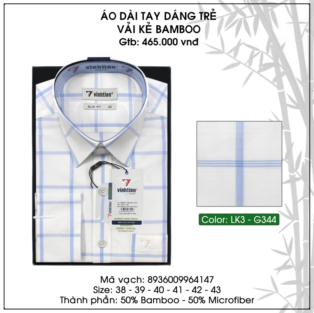 Áo Sơ Mi Bamboo Nam Dài Tay Dáng Slimfit Vĩnh Tiến Caro TAD465