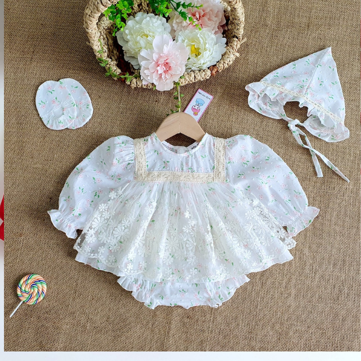 Váy bé gái body hoa nhí ren trắng kèm giày nón 3-13kg