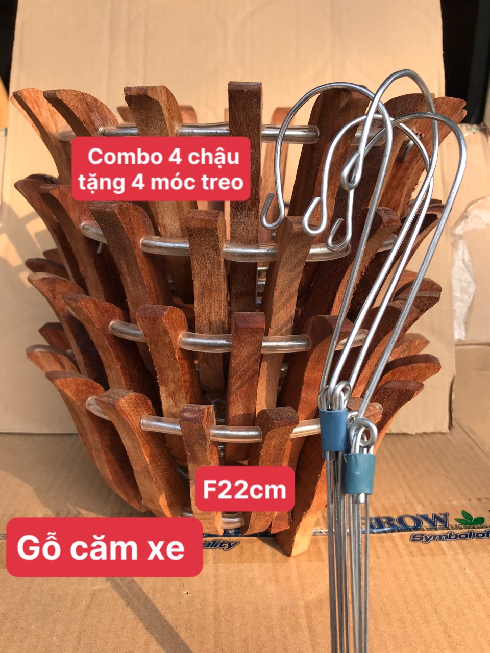 Combo 4 chậu trồng lan gỗ size 22cm tặng 4 móc treo