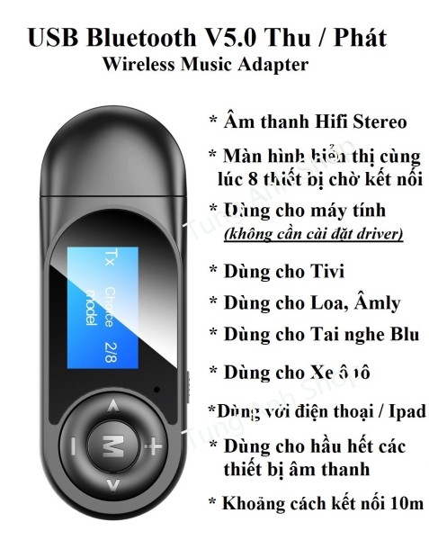 Usb Bluetooth 5.0 thu phát âm thanh Hifi Stereo có màn hình hiển thị các thiết bị kết nối cho Tivi, PC, Laptop, loa, âm ly, xe ô tô Jack3.5mm