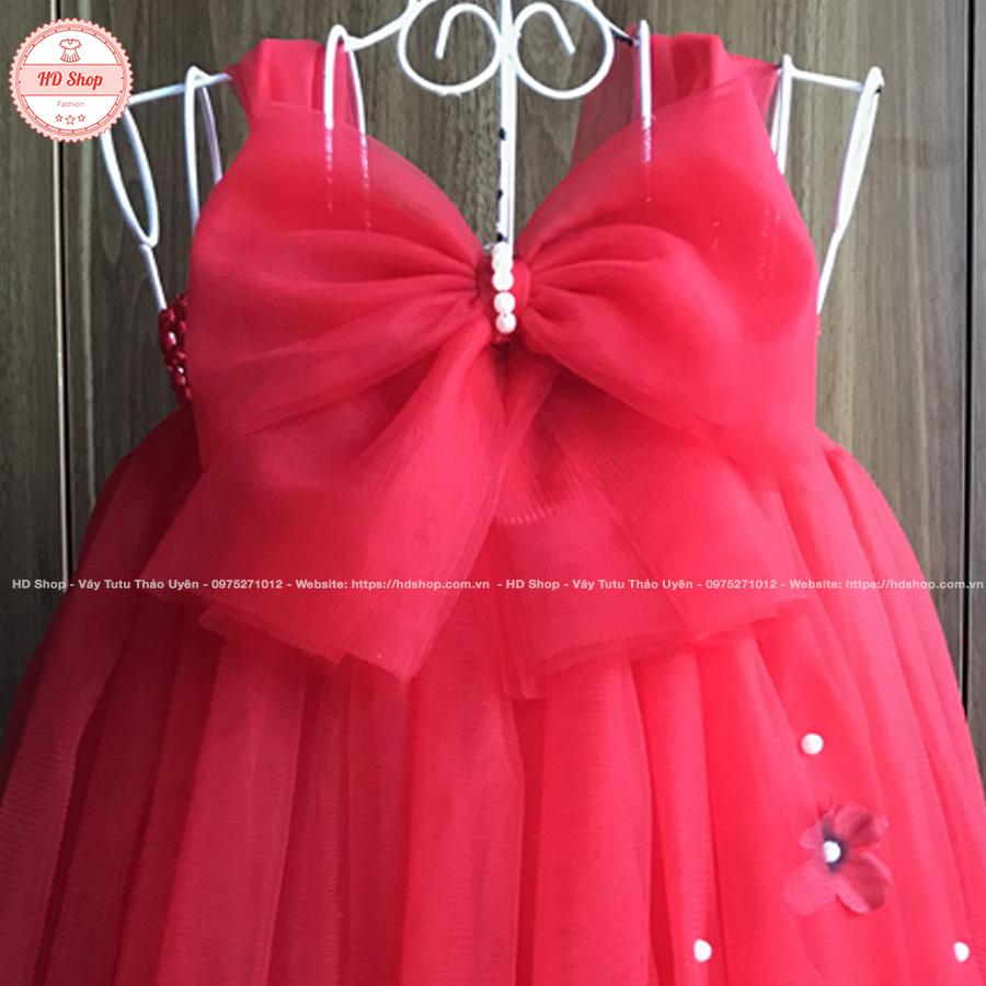 Đầm tutu công chúa đỏ nơ tú cầu đỏ