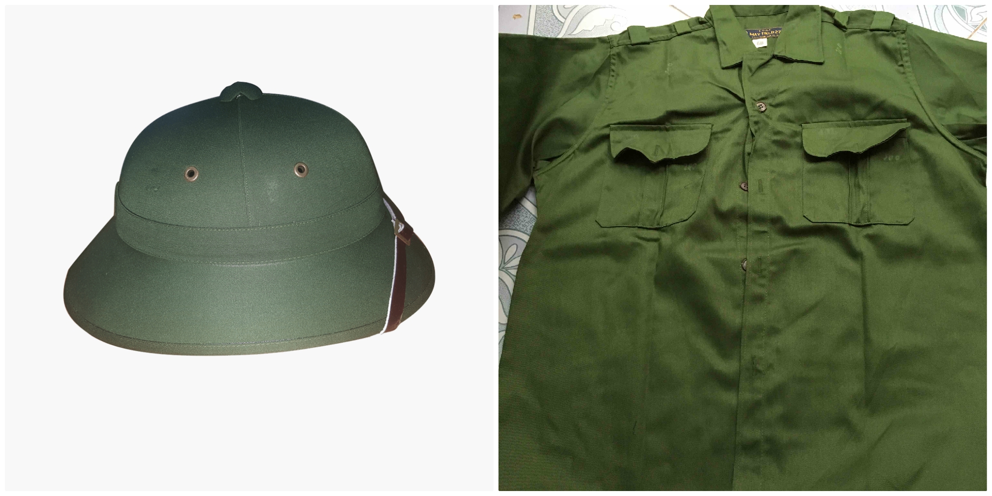 Combo 1 áo bay dài tay và 1 mũ cối màu xanh bộ đội nam nữ