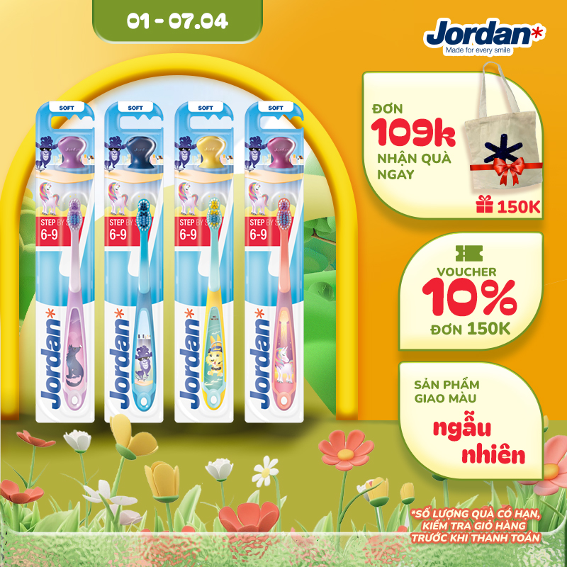 [Giao màu ngẫu nhiên] Combo 4 Bàn chải đánh răng Jordan trẻ em lông tơ mềm bước 3 cho bé 6-9 tuổi, xuất xứ Na Uy