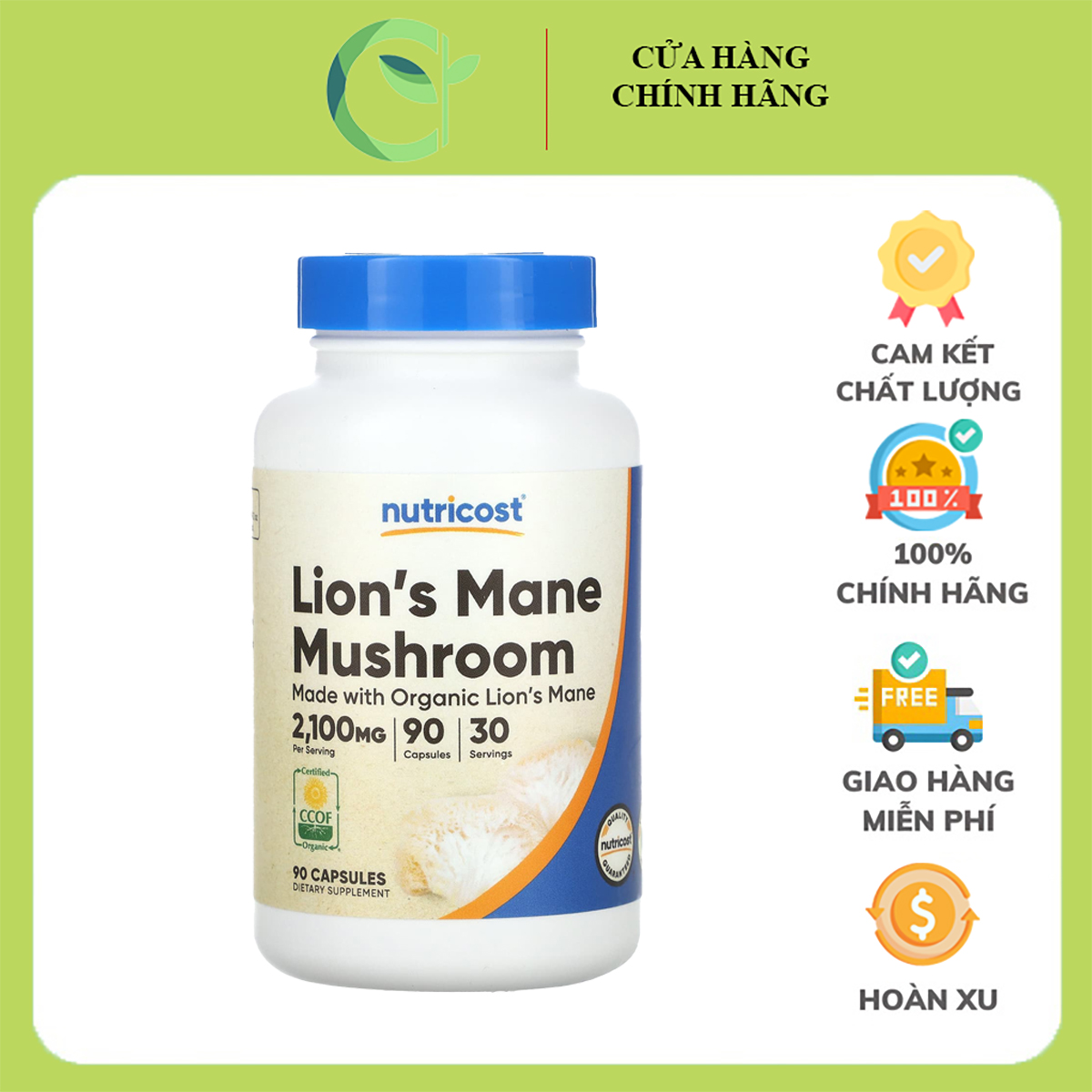Nutricost Made With Organic Lion's Mane Mushroom 2,100mg 90 Capsules - CCOF Certified Made with Organic, Vegetarian, Gluten Free