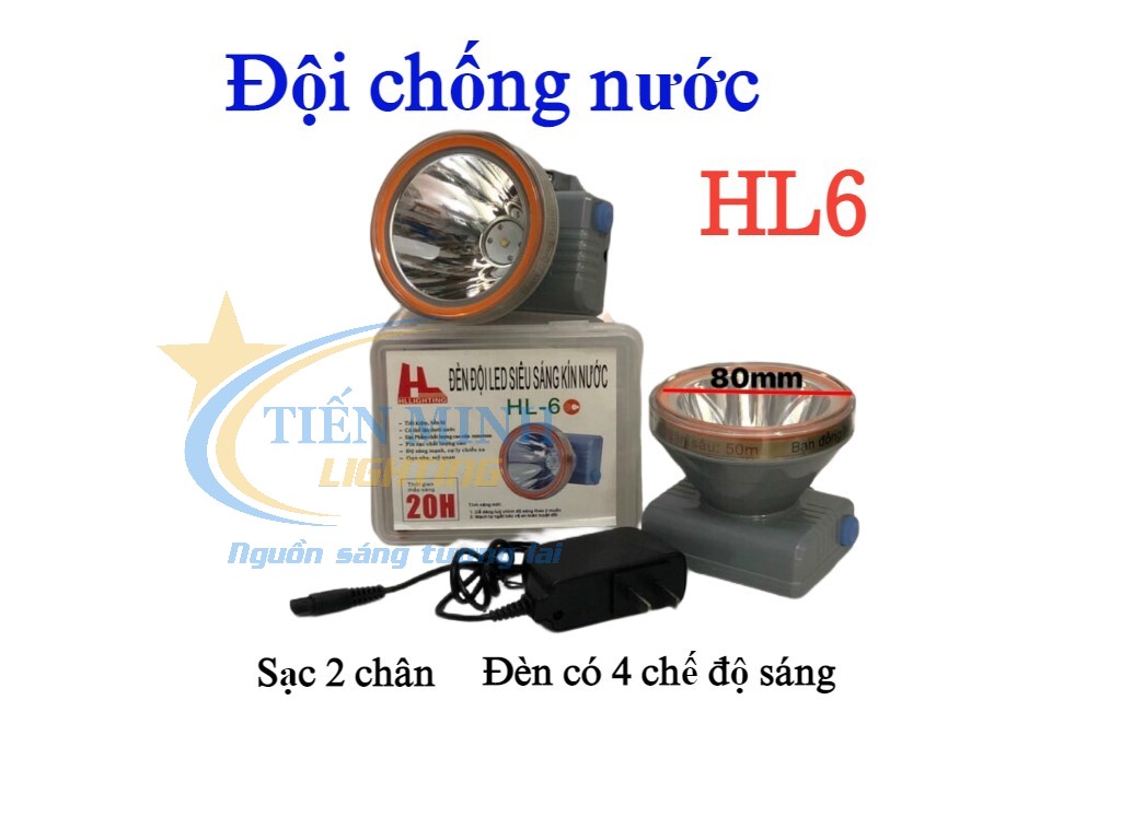 Đèn đội đầu HL6 (3 chế độ sáng), chế độ sáng: mạnh/dịu và nhấp nháy, chóa đèn 8cm, ánh sáng trắng/vàng