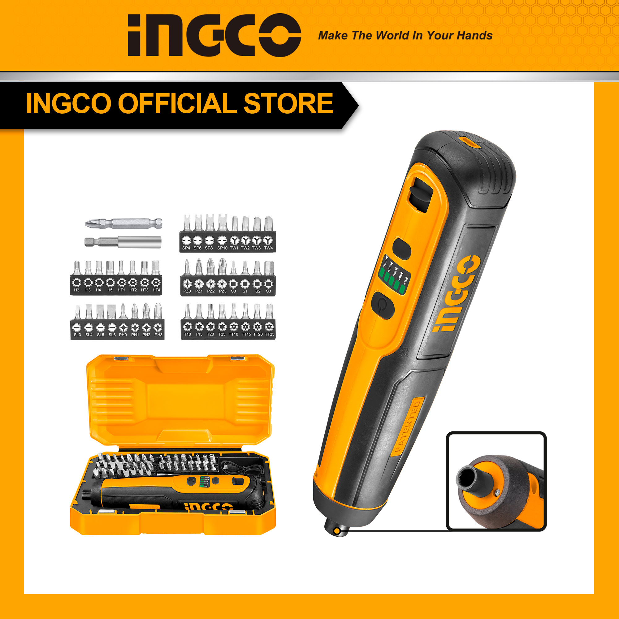 Máy bắn vít dùng pin INGCO CSDLI0403 4V, lực siết 5Nm, có đèn led, cảm ứng lực, kèm 43 phụ kiện, máy bắt vít cầm tay