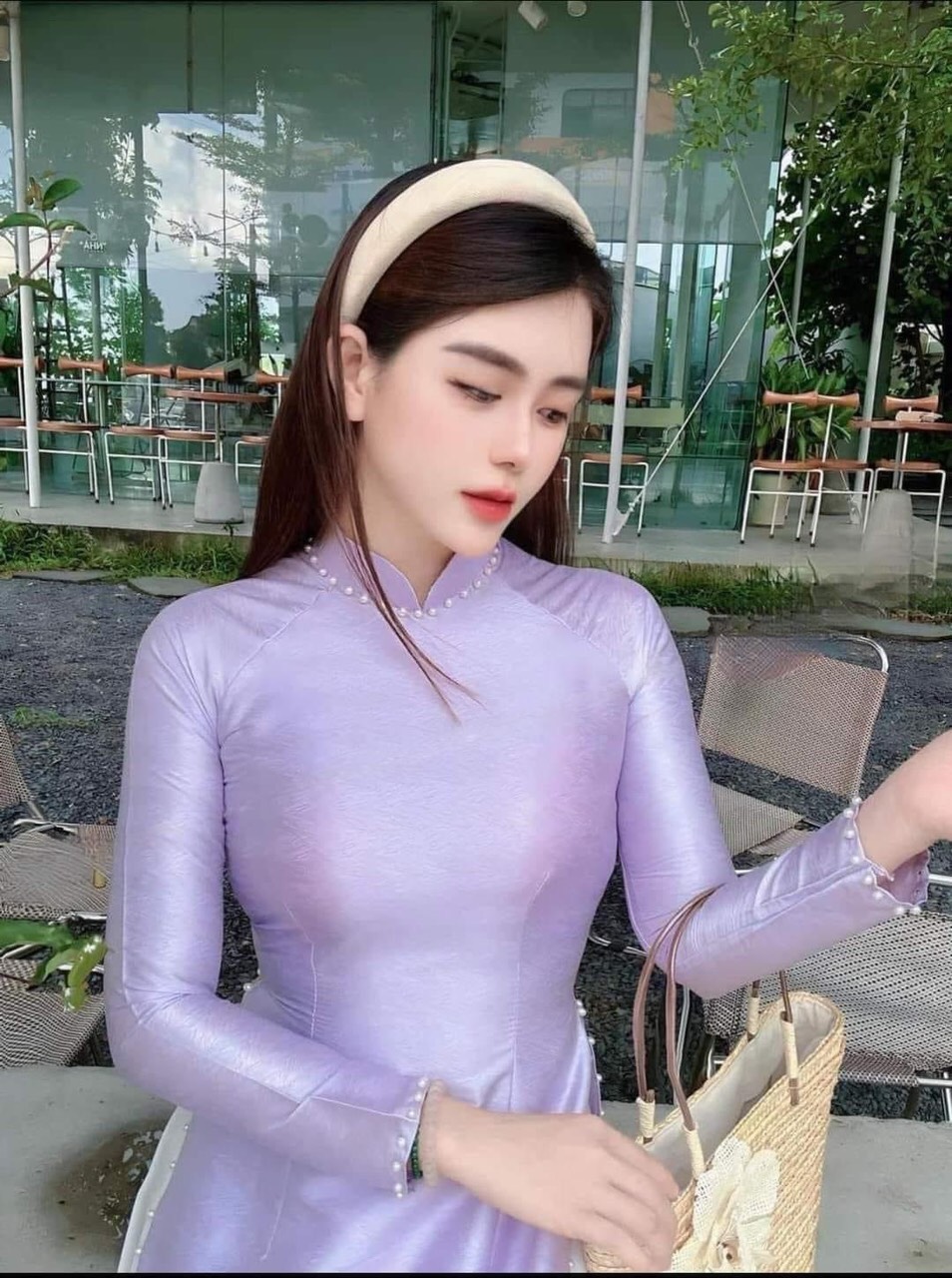 Bộ áo dài lụa vân gỗ kết ngọc cao cấp