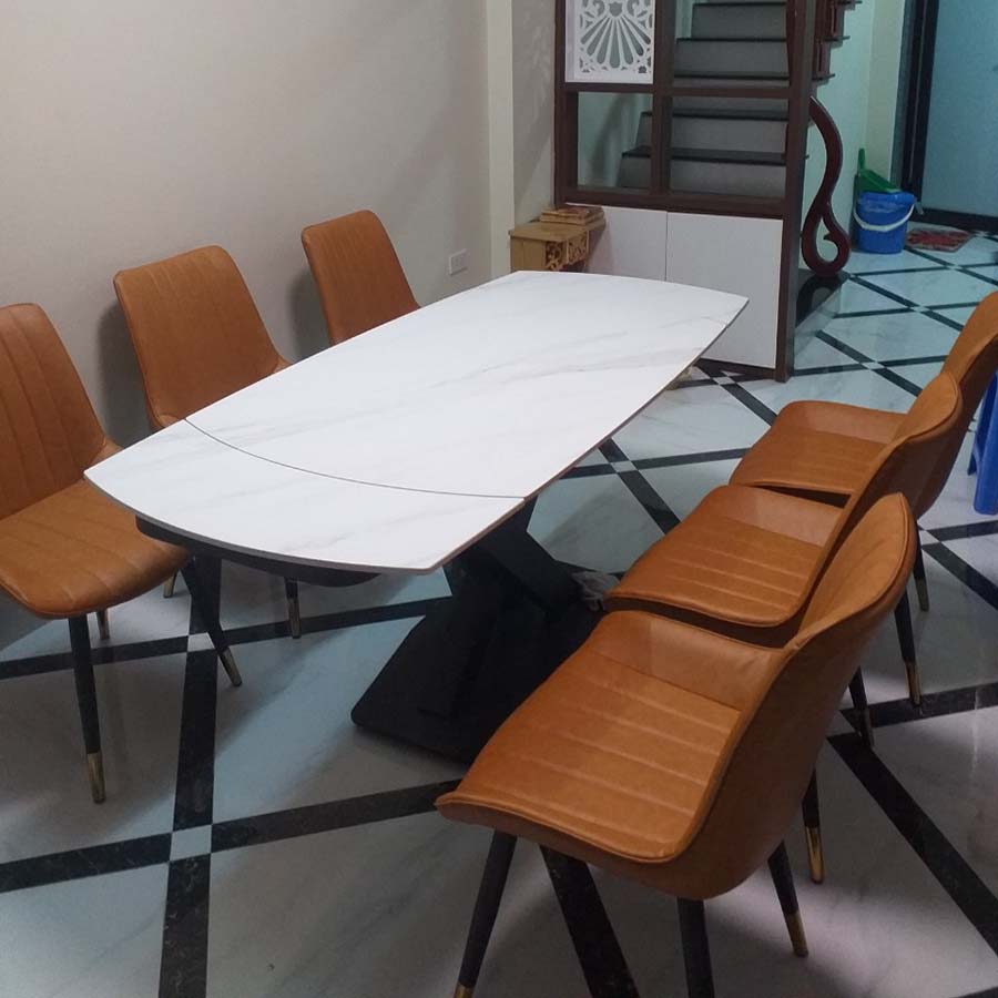 Bộ bàn ăn mặt đá phiến xoay thông minh kéo dài kết hợp ghế Loft nhập khẩu