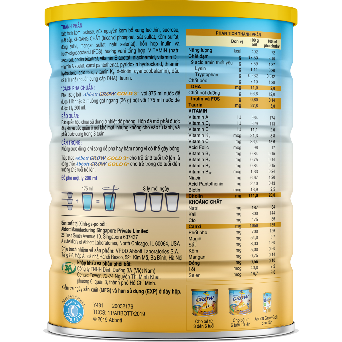 Lon sữa bột Abbott Grow 3+ 900g