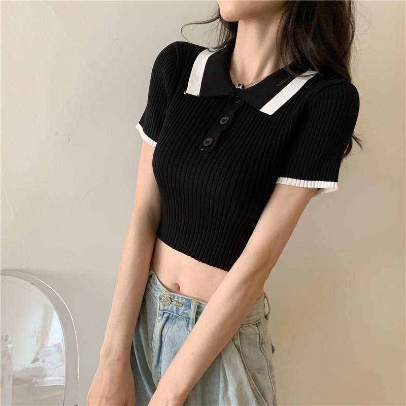Áo gân cổ bẻ croptop 2 màu siêu chất TTSLA0332