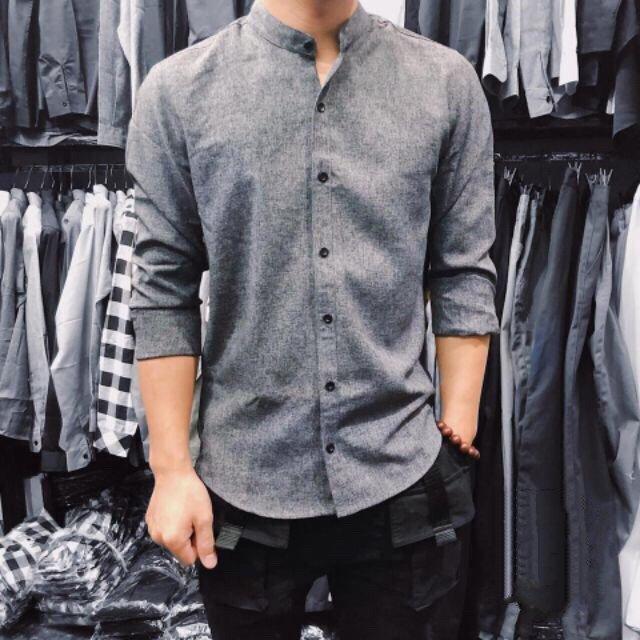 Áo sơ mi nam cổ Trụ Màu Xám Tiêu Đậm, Sơ mi nam cổ tàu vải Đũi chống nhăn