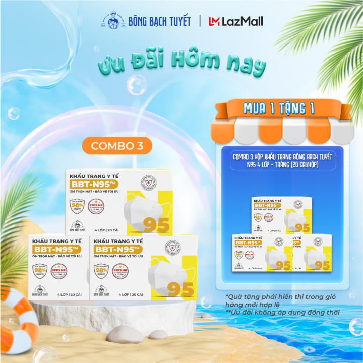 Combo 3 Hộp Khẩu Trang Bông Bạch Tuyết N95 – Trắng (20 cái/hộp)
