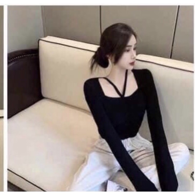 Áo thun tay dài dây chữ V đan cổ
