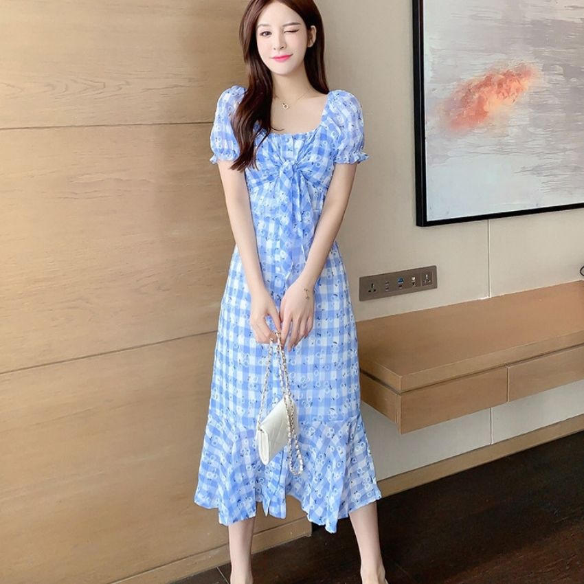 Váy Đuôi Cá , Đầm Hoa Nhí Kẻ Caro Cổ Vuong Trễ Vai Dáng Dài , Vải Voan 2 Lớp Phong Cách Hàn Quốc TẶNG KÈM phụ kiện xinh
