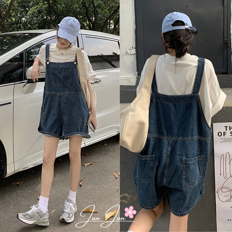 Quần yếm jeans short trơn ống rộng xanh đậm phối túi siêu phẩm, năng động, dễ thương, yếm bò