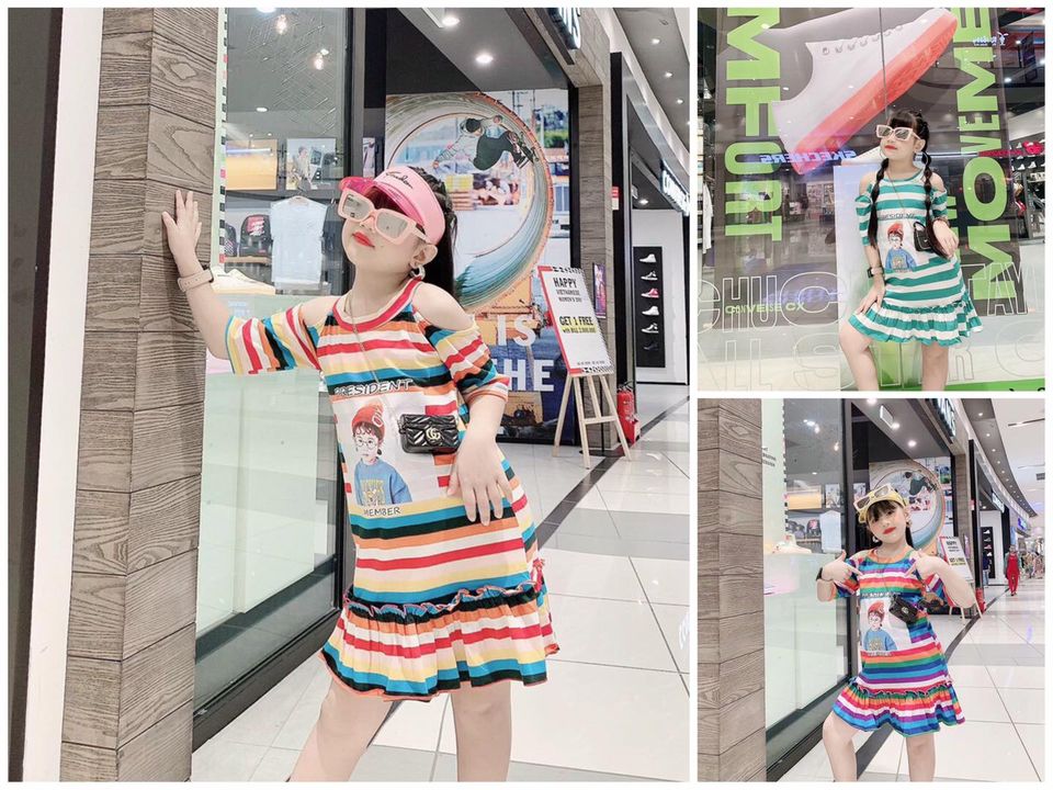 ĐẦM SỌC THUN BÉ GÁI IN HÌNH CÔ GÁI 3D