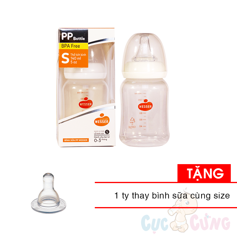 Combo Bình sữa Wesser Nano Silver cổ thường 140ml Tặng 1 ty binh sua cùng size