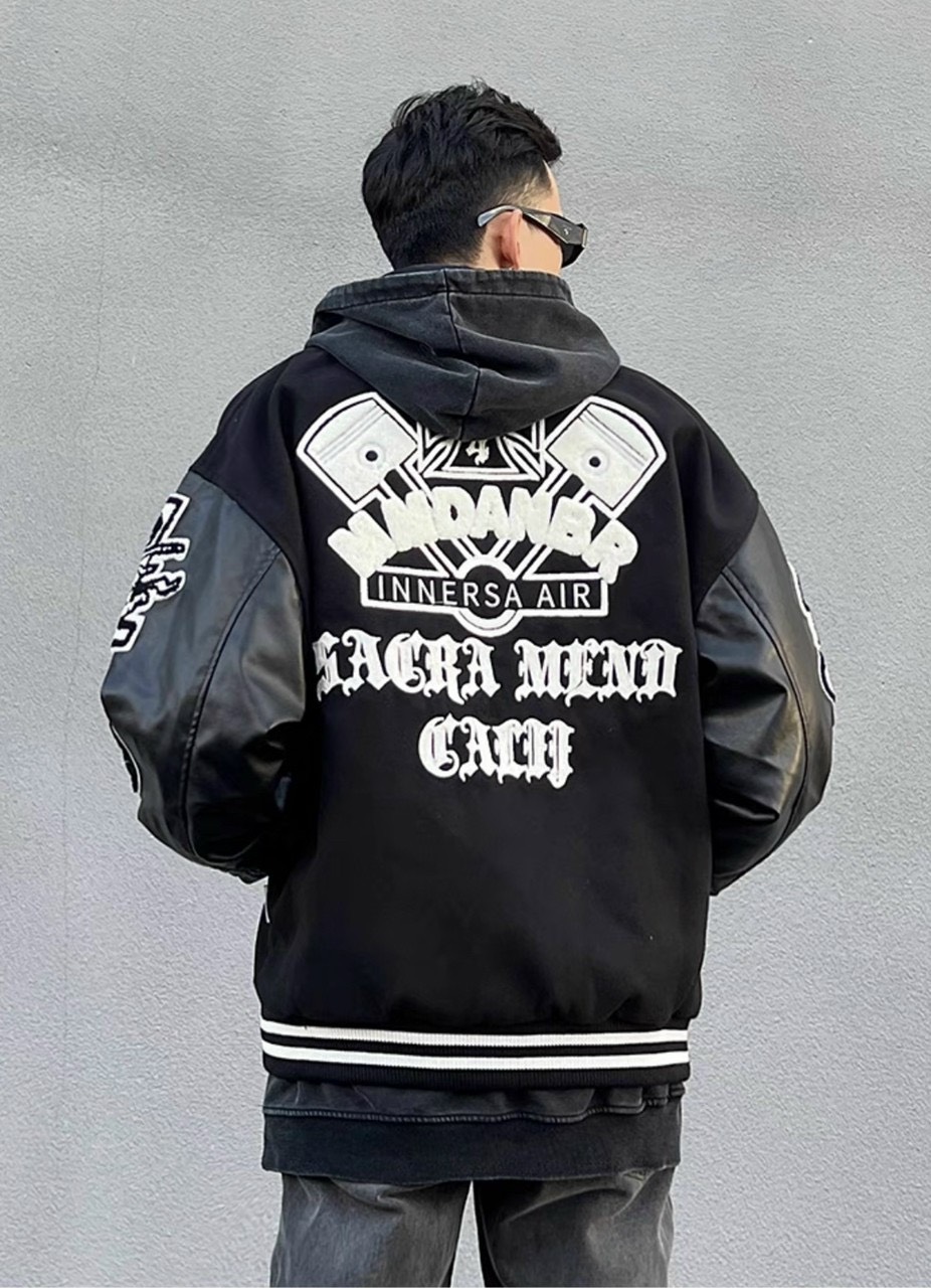 Áo Khoác Bomber Varsity Nỉ Dạ Form Crop Ngắn Phối Tay Da Thêu Hình Full Nam Nữ Unisex