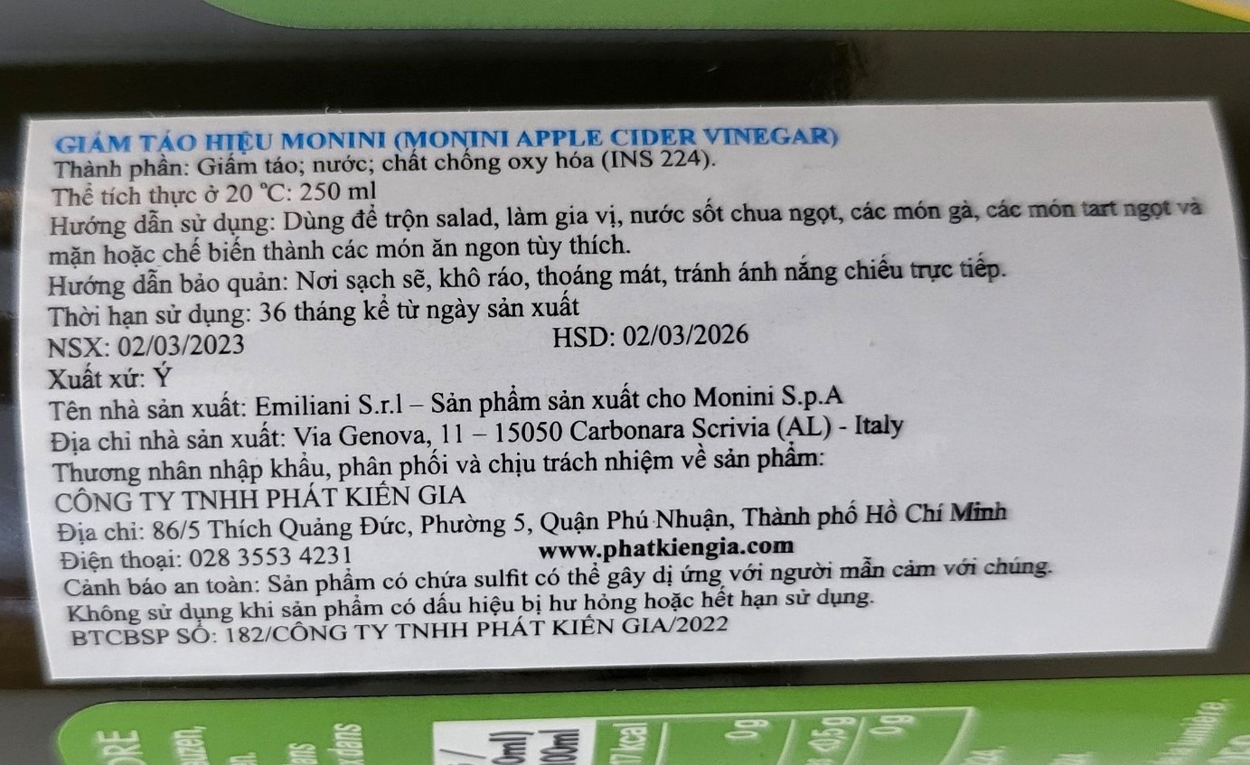 MONINI (chai 250ml) GIẤM TÁO Apple Cider Vinegar