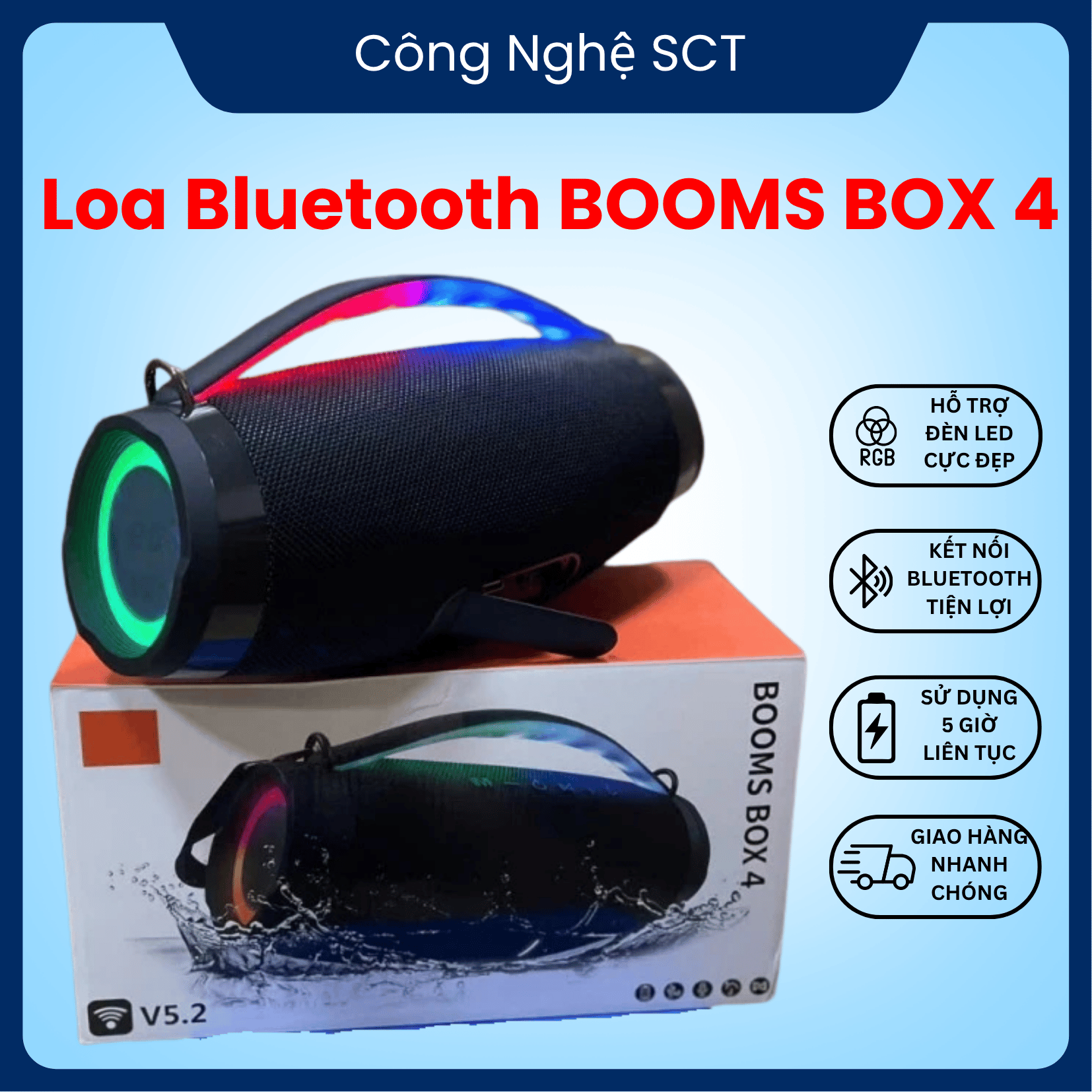 Loa Bluetooth Boombox 4 LED Thế Hệ Mới. Bass Mạnh Âm Thanh Lớn Cực Đỉnh Bluetooth 5.2 , Thiết Kế Trẻ Trung Năng Động – Nghe Nhac Cực Đã