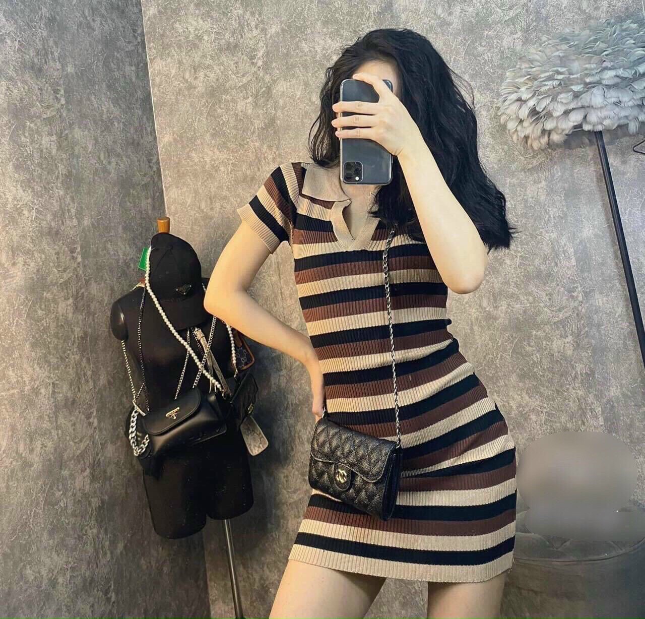 Váy len polo body kẻ ngang