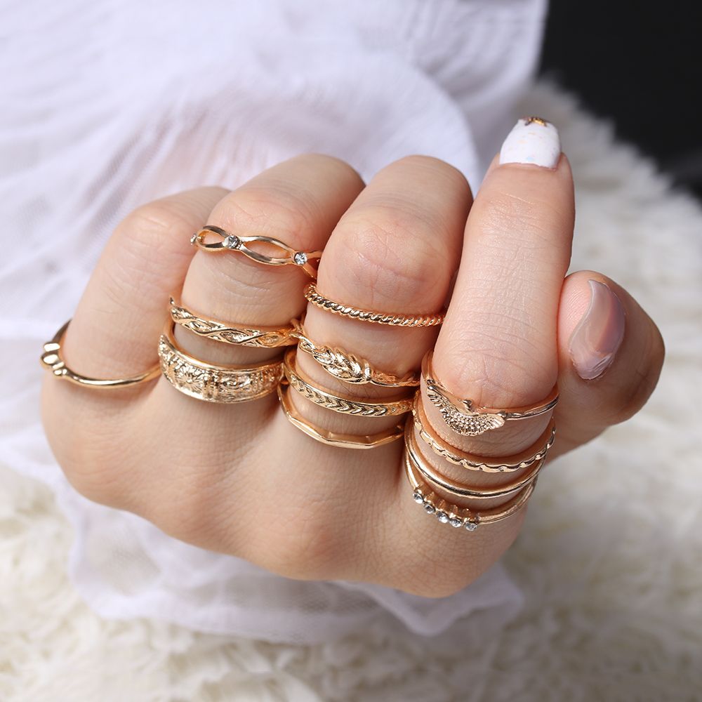 Bộ 12 chiếc nhẫn đính pha lê chất liệu hợp kim mạ vàng phong cách Hàn Quốc