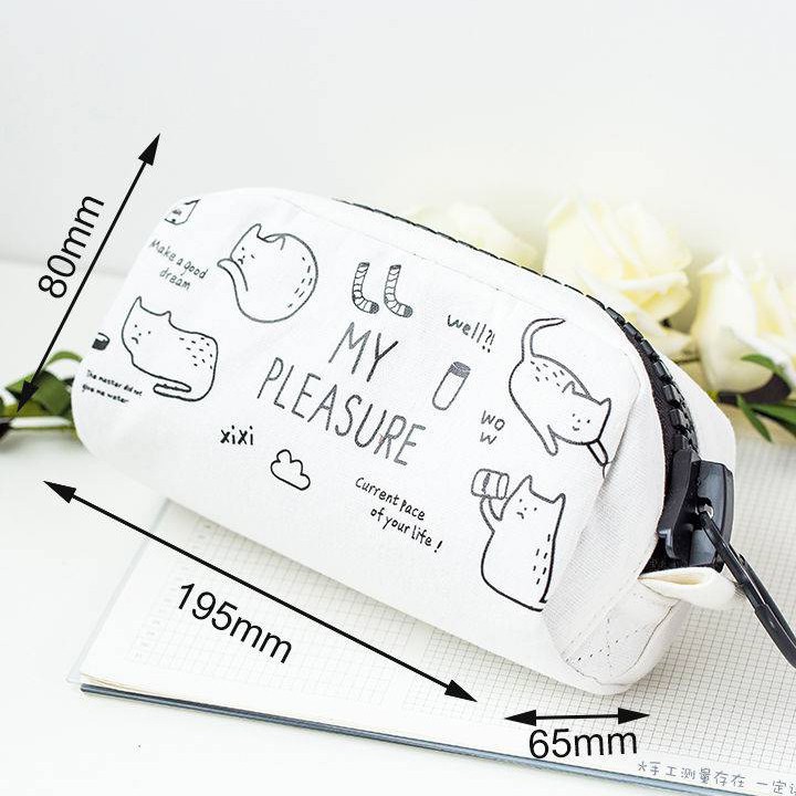 Hộp Bút Vải Đẹp Hình Mèo Thỏ Đen Trắng Cỡ To - Túi Đựng Bút Canvas , Bóp Vết Đa Năng Khóa Zip To AMKO HBV17