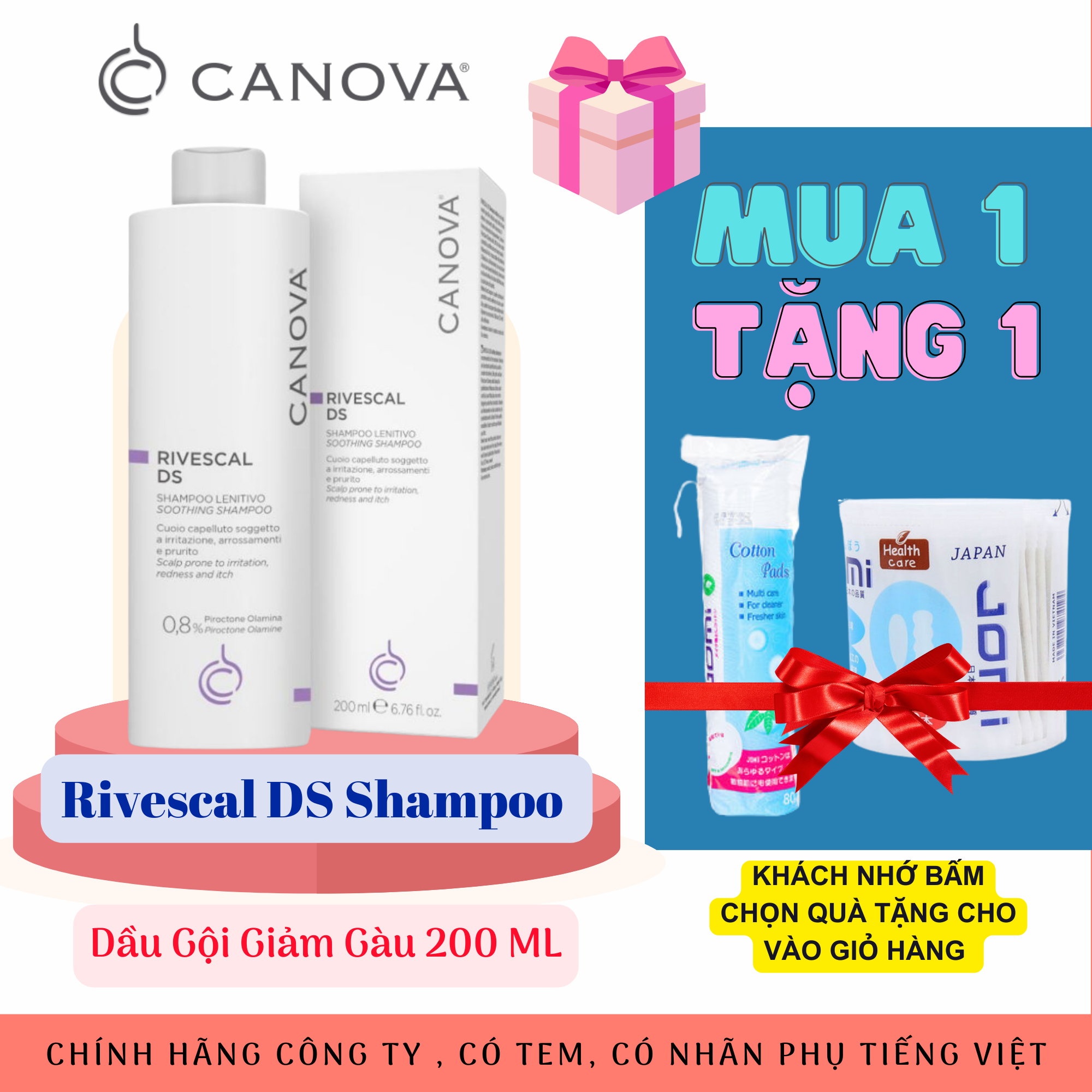 Dầu gội Canova Rivescal DS Shampoo 200mL giảm nấm giảm gàu cho da đầu gàu, dễ kích ứng (TEM CTY)