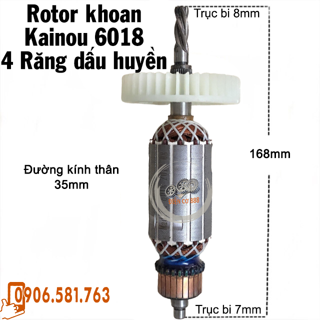 Rotor khoan Kainou 6018 Thân 35mm Dài 168mm 4 Răng - Tặng chổi than