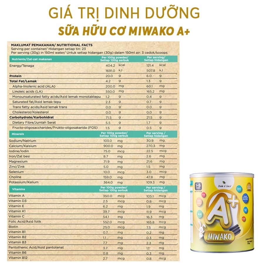 Sữa Miwako A+ Hộp 700g Vị Vani Nhập Khẩu Malaysia, Sữa Hạt Cho Bé Dị Ứng Đạm Bò - Hỗ trợ phát triển chiều cao và trí thông minh cho trẻ Miwako Việt Nam - Nhà sách Montessori