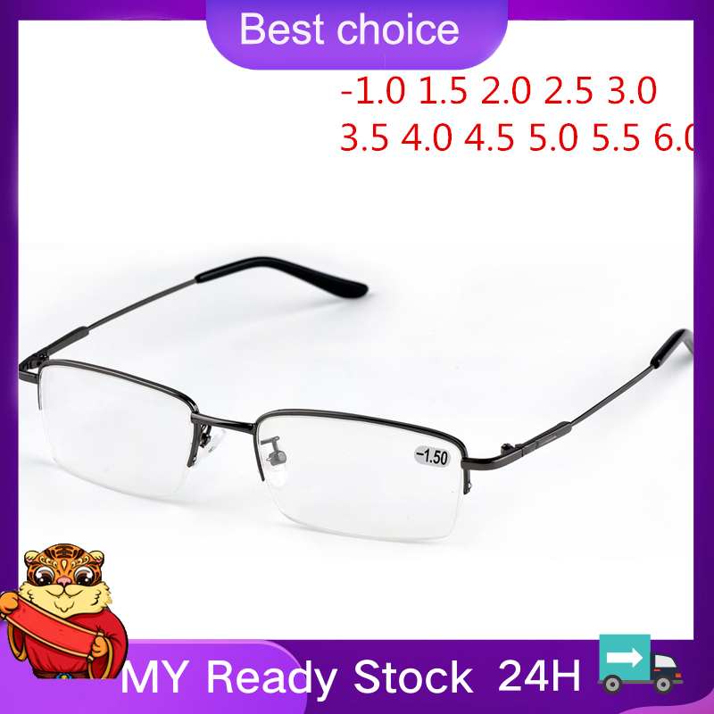 Giá bán 🔥Hộp đựng kính miễn phí🔥 Finished Myopia Glasses Men Half Frame Metal Student Nearsighted Eyewear Ultralight Shortsighted Eyeglasses -1.0 to -6.0