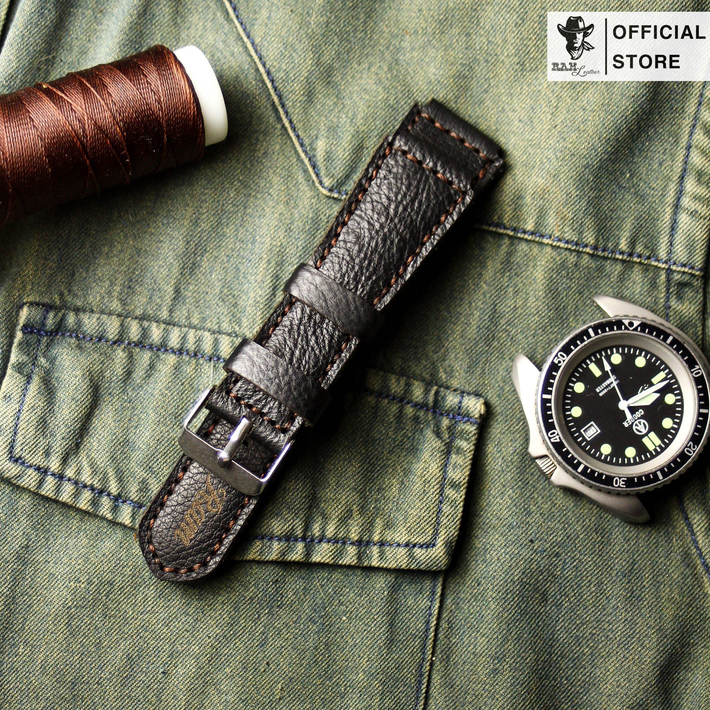 Dây da đồng hồ Siêu bền Da Dê Đen Bản Bền Đẹp RAM Leather Classic 1955 Chính Hãng RAM Leather