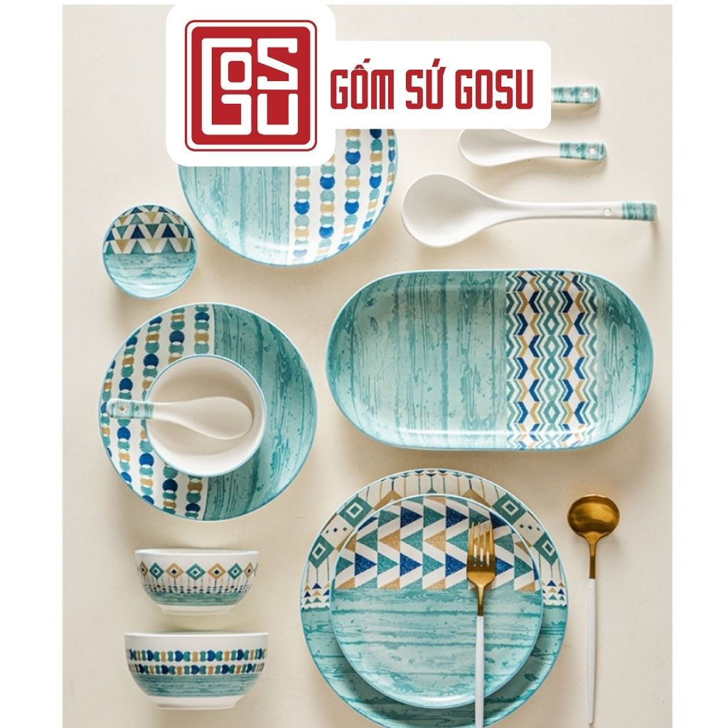 Bộ chén đĩa cao cấp, bát đĩa xanh đại dương